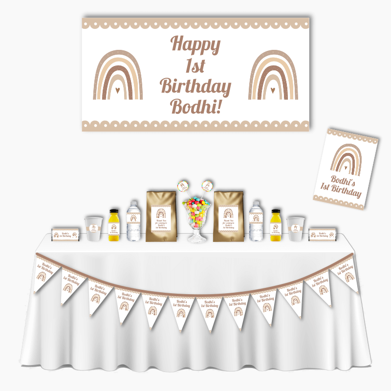 Personalised Neutral Boho Rainbow Deluxe Birthday Party Pack