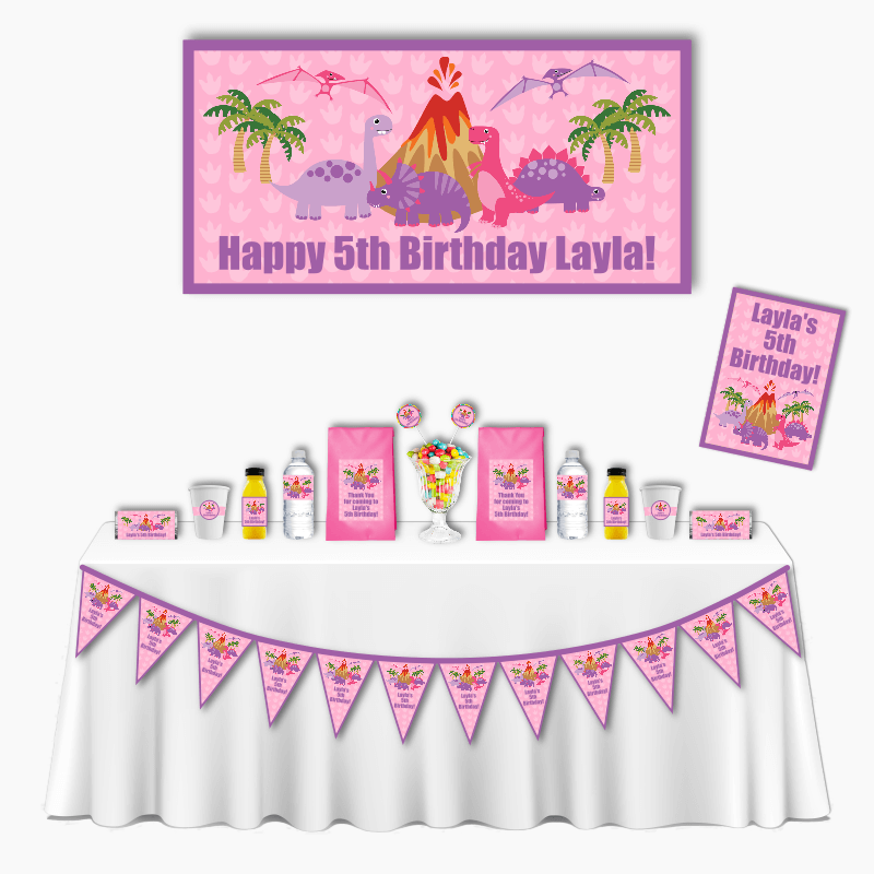 Personalised Pink Dinosaur Deluxe Birthday Party Pack