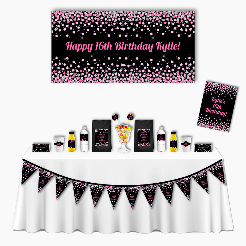 Pink &amp; Black Confetti Deluxe Kids Birthday Party Pack