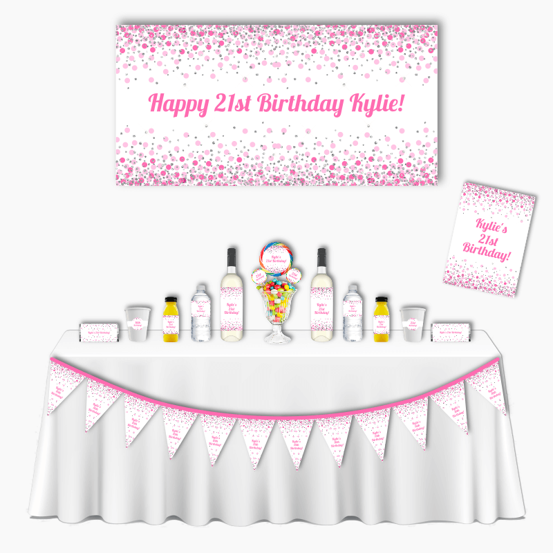 Pink &amp; White Confetti Deluxe Adults Birthday Party Pack