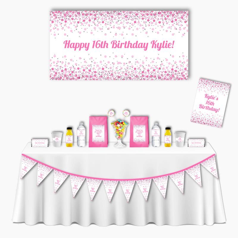 Pink &amp; White Confetti Deluxe Kids Birthday Party Pack
