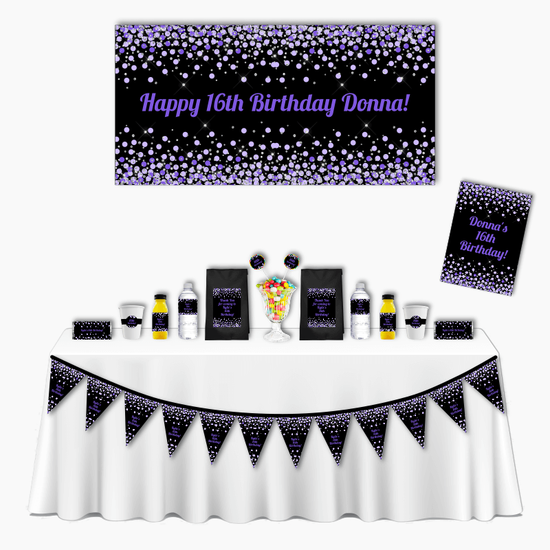 Purple &amp; Black Confetti Deluxe Kids Birthday Party Pack