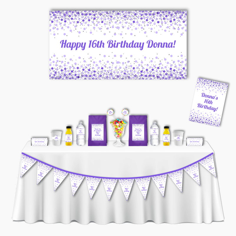 Purple &amp; White Confetti Deluxe Kids Birthday Party Pack
