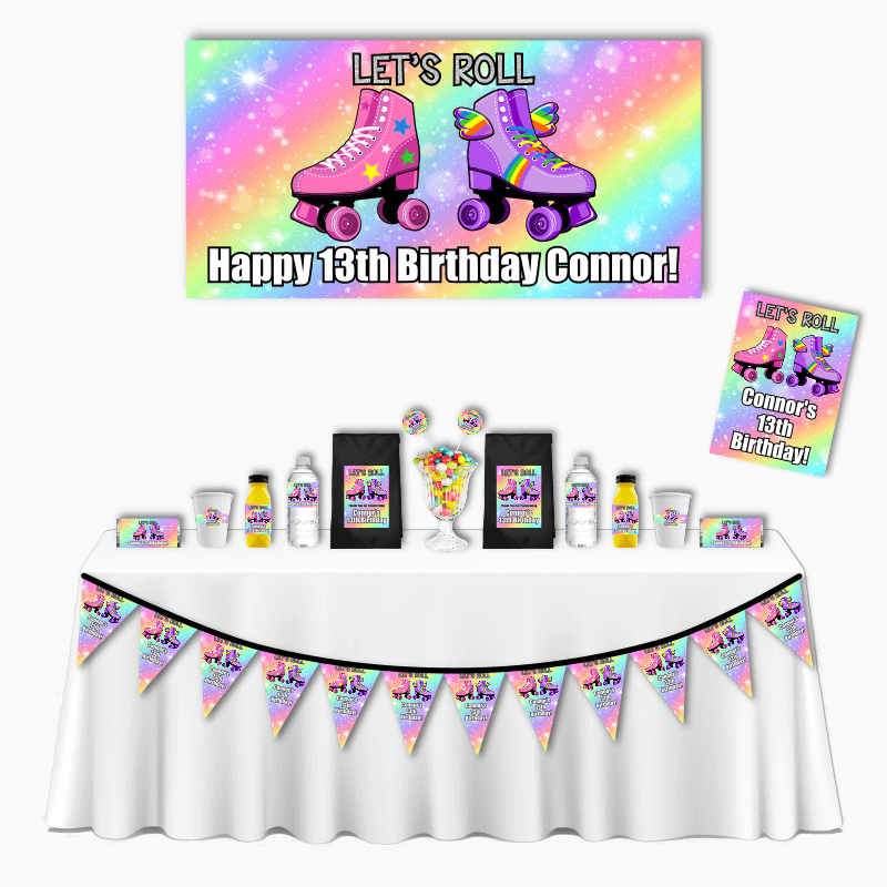 Personalised Pastel Rainbow Roller Skate Deluxe Party Pack