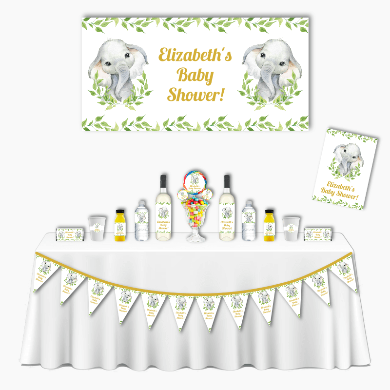 Personalised White Greenery Elephant Deluxe Baby Shower Pack