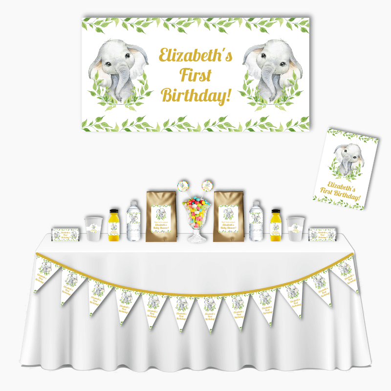 Personalised White Greenery Elephant Deluxe Birthday Party Pack