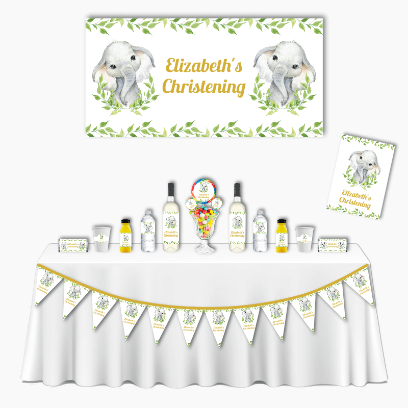 Personalised White Greenery Elephant Deluxe Christening Pack