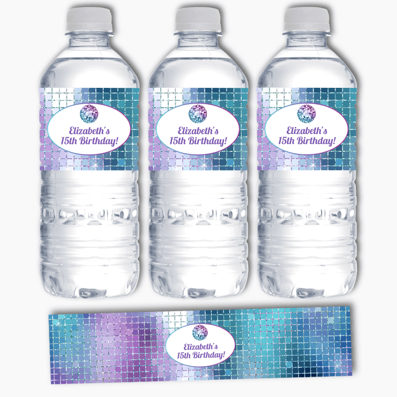 Personalised Disco Ball Birthday Party Water Bottle Labels