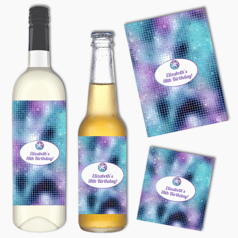 Personalised Disco Ball Birthday Party Wine & Beer Labels