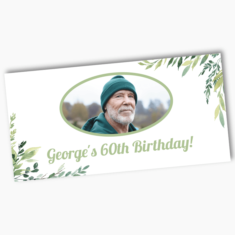 Personalised eucalyptus leaves birthday party banner with photo featuring custom text for George’s 60th birthday celebration.