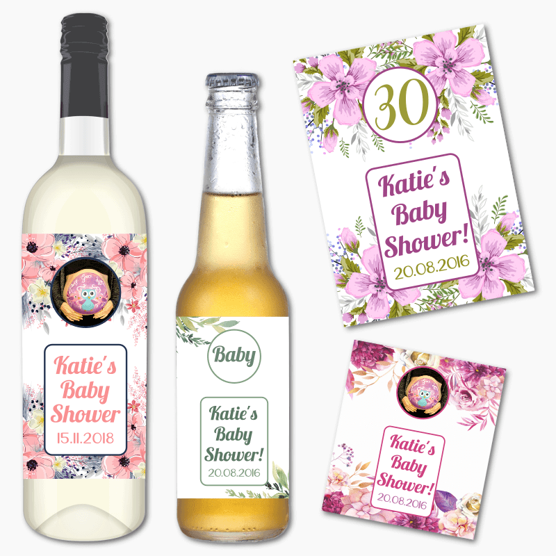 Personalised Floral Baby Shower Wine &amp; Beer Labels