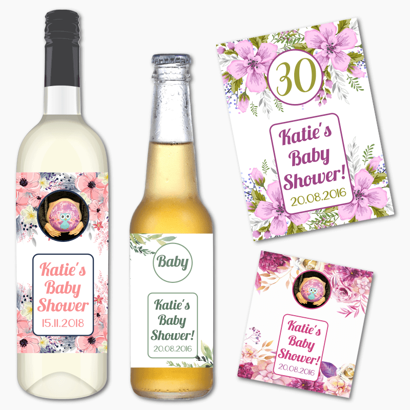 Personalised Floral Baby Shower Wine & Beer Labels