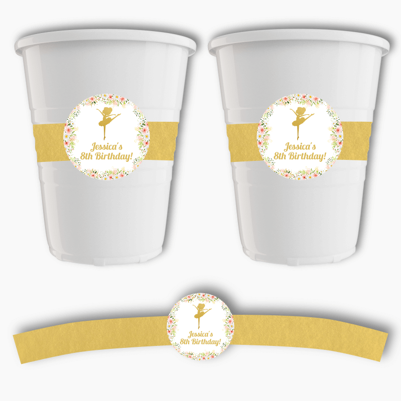 Personalised Floral Ballerina Birthday Party Cup Stickers
