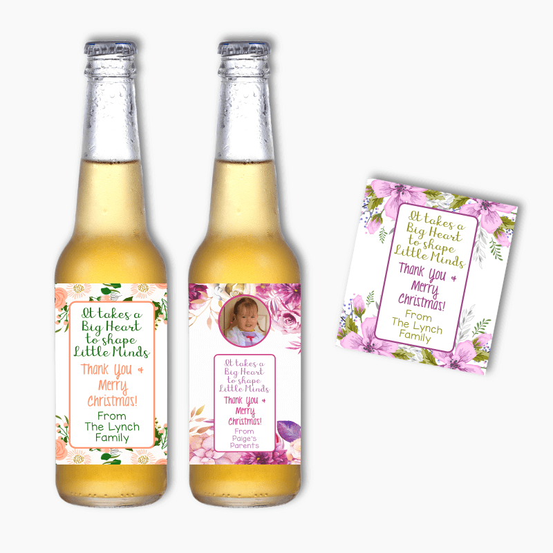 Personalised Floral Big Heart Teachers Gift Beer Labels