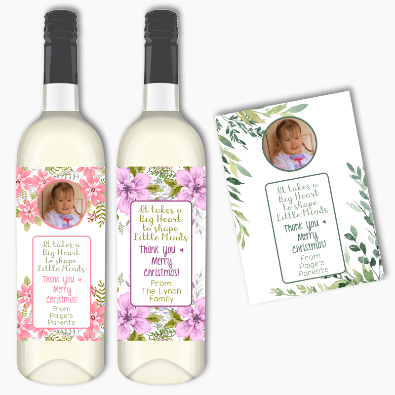 Personalised Floral Big Heart Teachers Gift Wine Labels