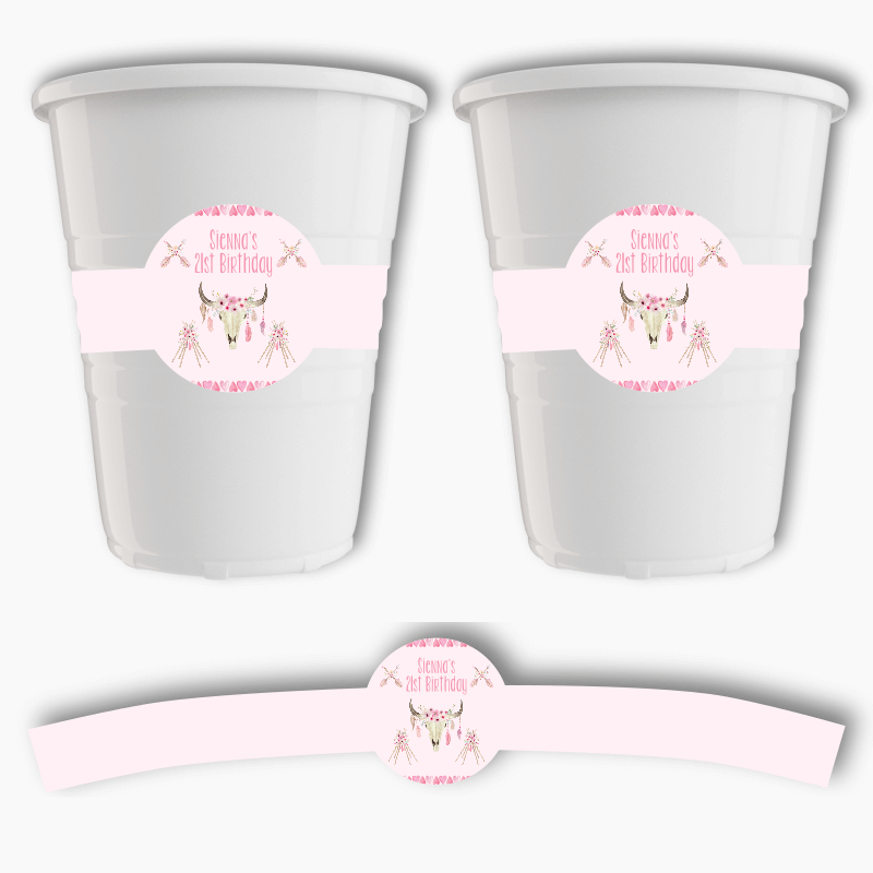Personalised Floral Boho Skull &amp; Teepees Party Cup Stickers
