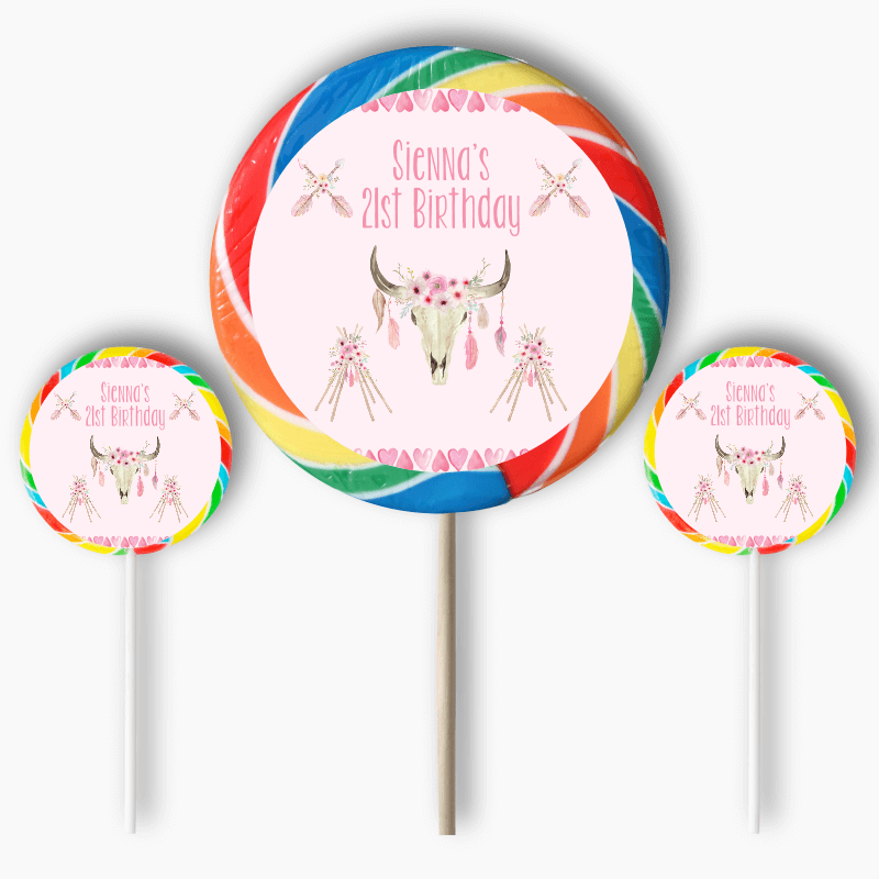 Personalised Floral Boho Skull &amp; Teepees Party Round Stickers