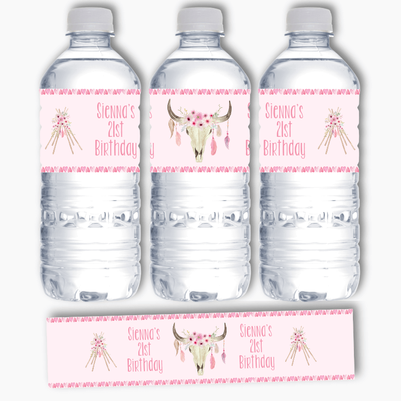 Personalised Floral Boho Skull &amp; Teepees Party Water Labels