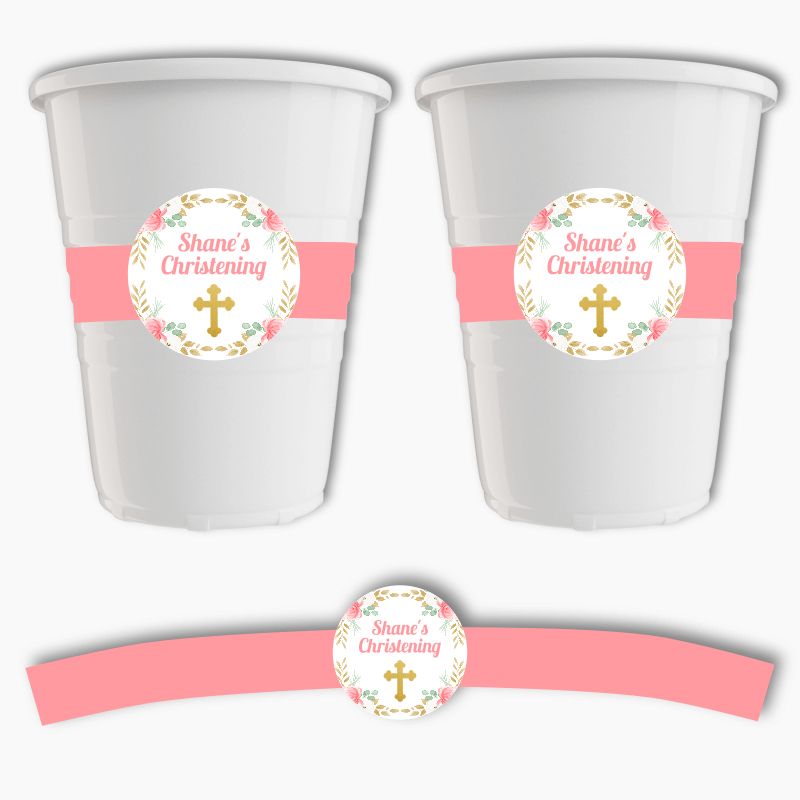 Personalised Floral Cross Christening Cup Stickers