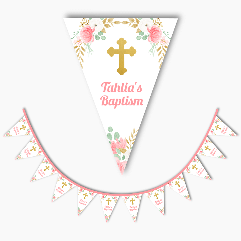 Personalised Floral Cross Christening Flag Bunting