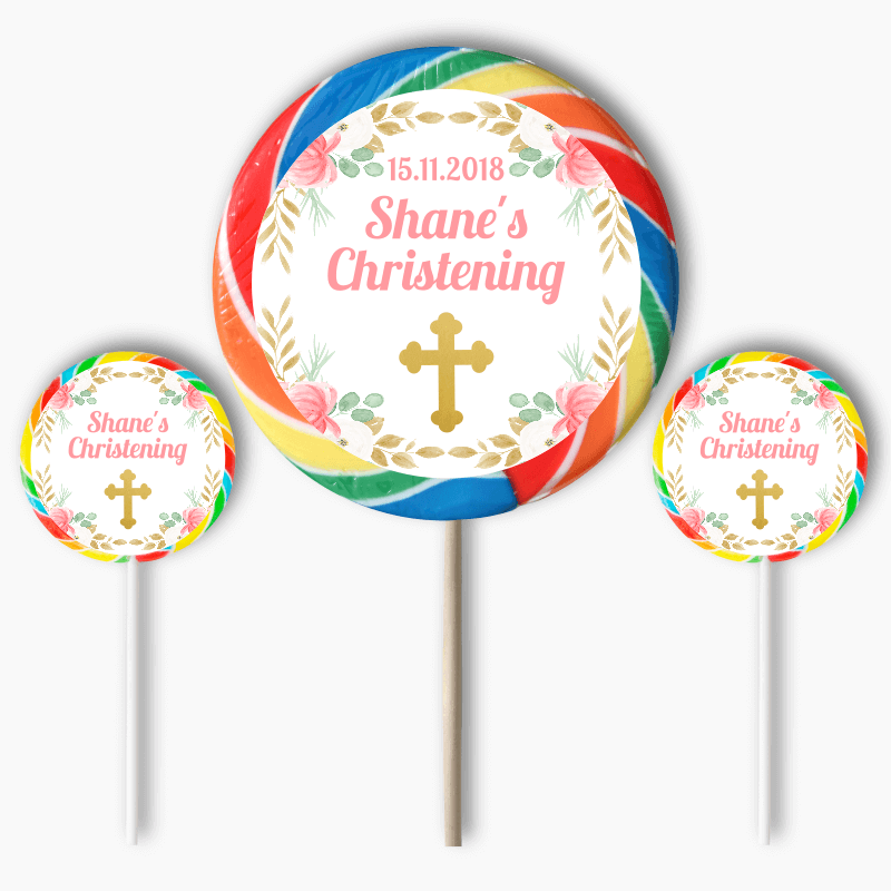 Personalised Floral Cross Christening Round Stickers