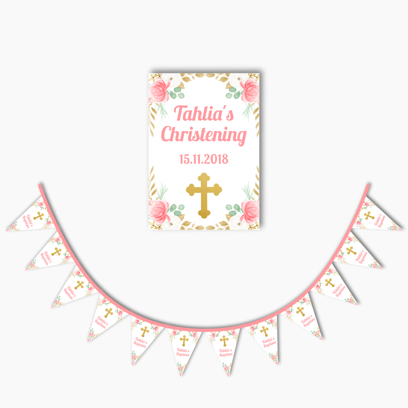 Personalised Floral Cross Christening Poster &amp; Bunting Combo