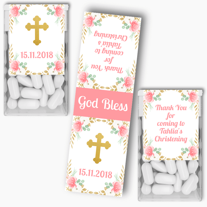 Personalised Floral Cross Christening Tic Tac Labels