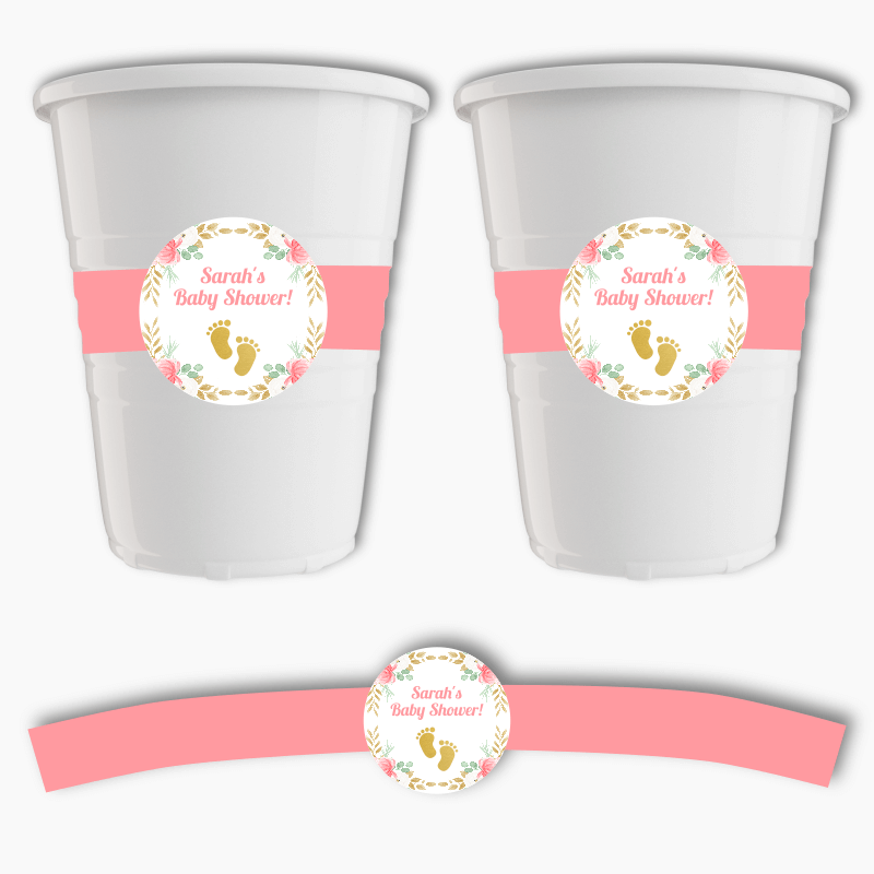 Personalised Floral Footprints Baby Shower Cup Stickers