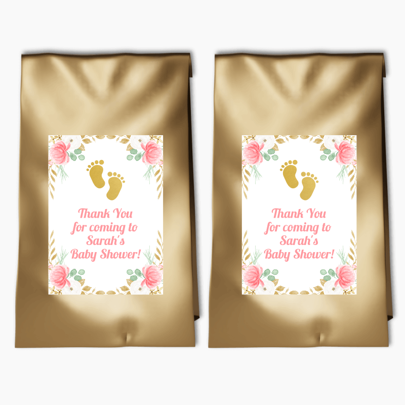 Personalised Floral Footprints Baby Shower Party Bags &amp; Labels
