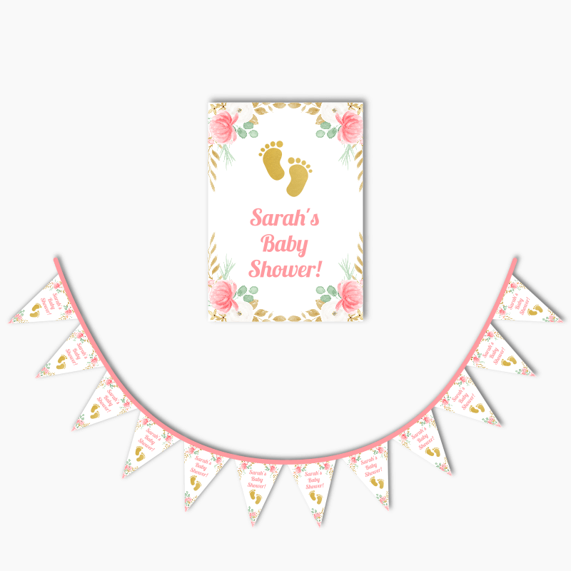 Personalised Floral Footprints Baby Shower Poster & Bunting Combo