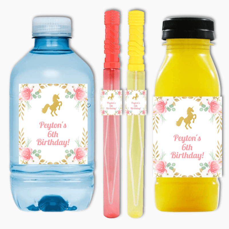 Floral Unicorn Birthday Party Rectangle Favour Stickers