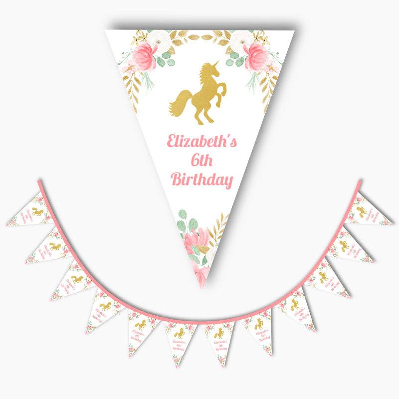 Personalised Floral Unicorn Birthday Party Flag Bunting