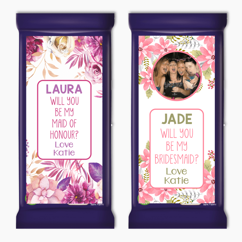 Floral &#39;Will you be my Bridesmaid?&#39; Cadbury Chocolate Labels