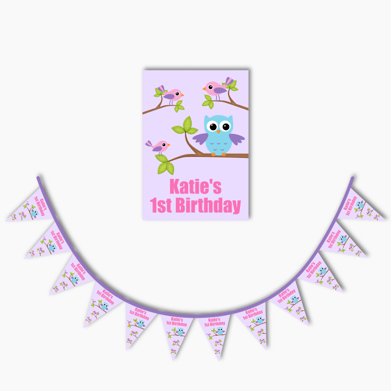 Girls Birds &amp; Owl Party Poster &amp; Flag Bunting