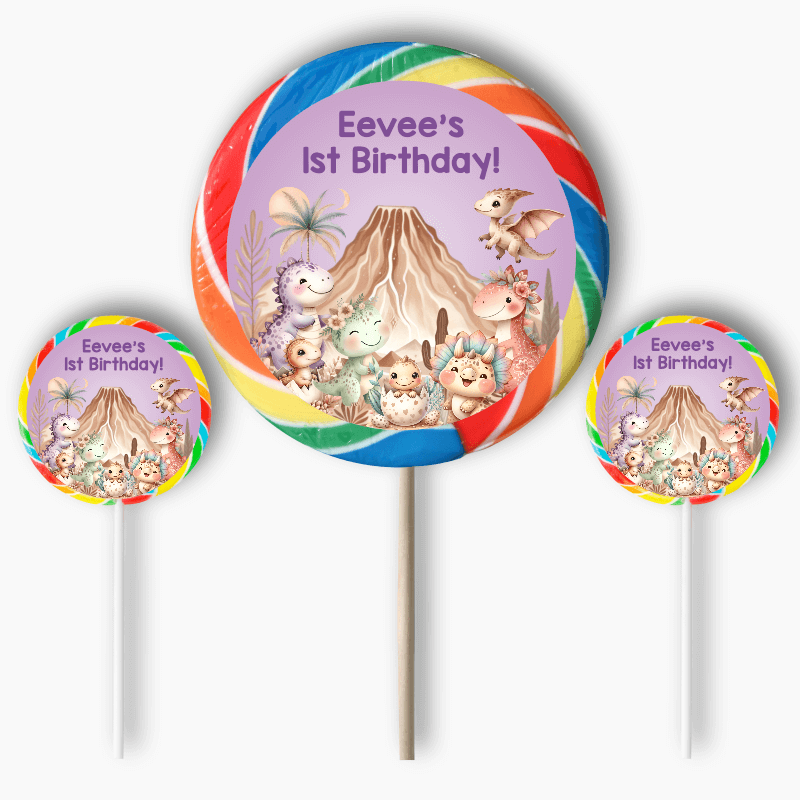 Personalised Girls Boho Dinosaurs Party Round Stickers