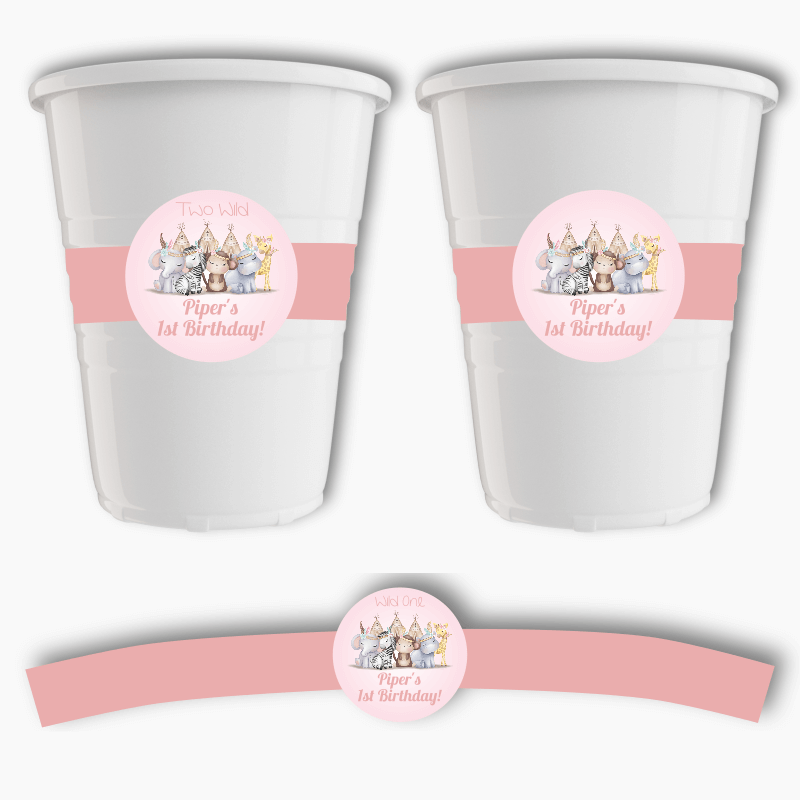 Personalised Girls Boho Jungle Animals Party Cup Stickers
