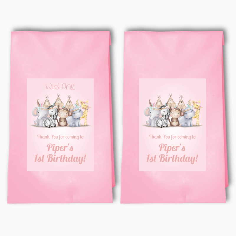 Personalised Girls Boho Jungle Animals Party Bags &amp; Labels