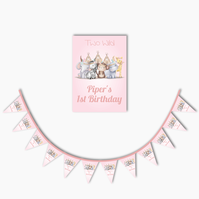 Personalised Girls Boho Jungle Animals Poster &amp; Bunting Combo - Two Wild