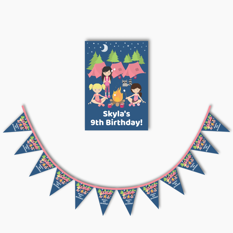 Personalised Girls Camp Out Party Poster &amp; Bunting Combo