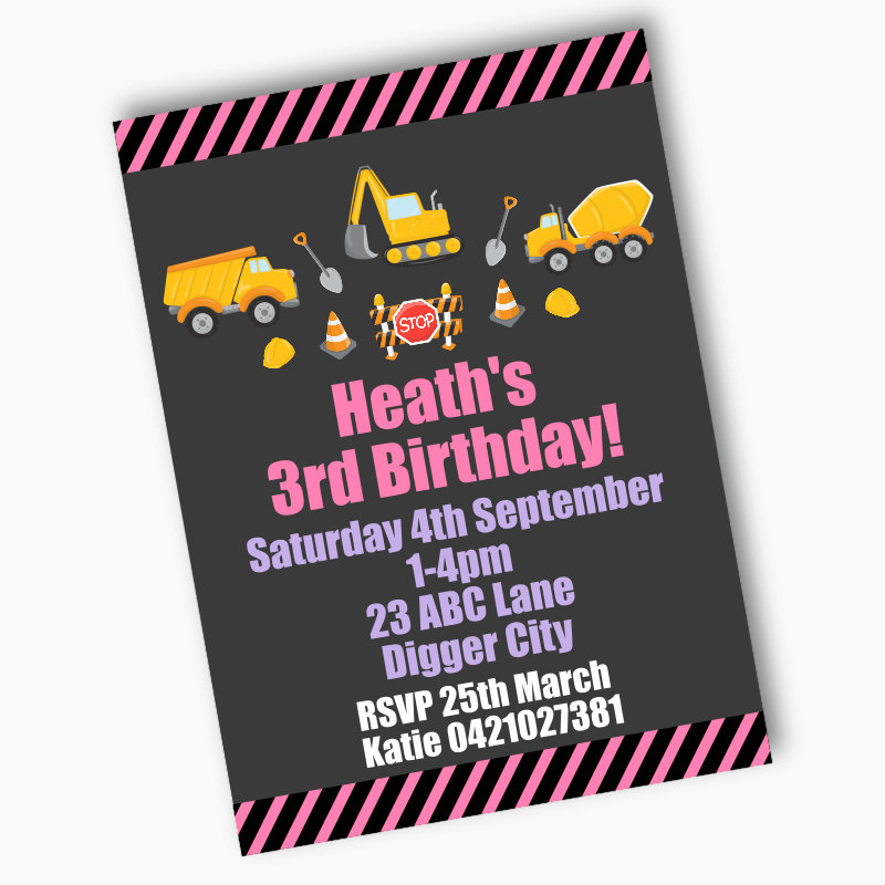 Girls Construction Birthday Party Invites