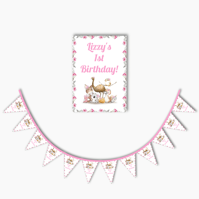 Personalised Girls Floral Australian Animals Poster &amp; Bunting Combo