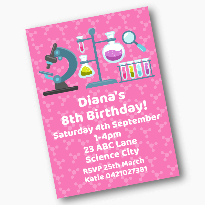 Girls Custom Science Birthday Party Invites