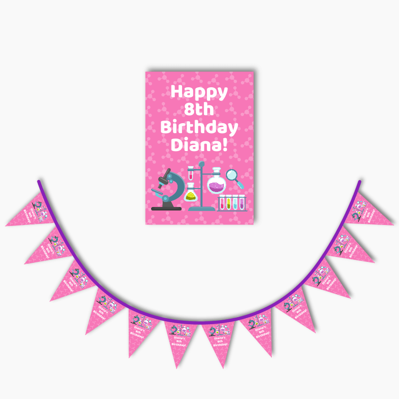 Personalised Girls Science Party Poster &amp; Bunting Combo