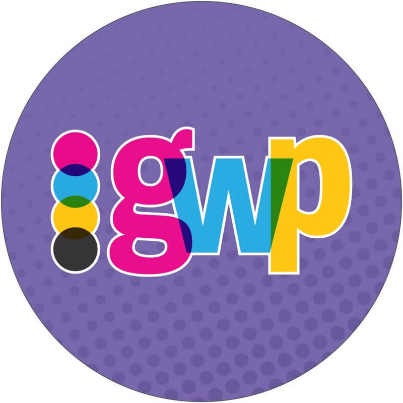 Colorful 'gwp' logo on a purple circular background