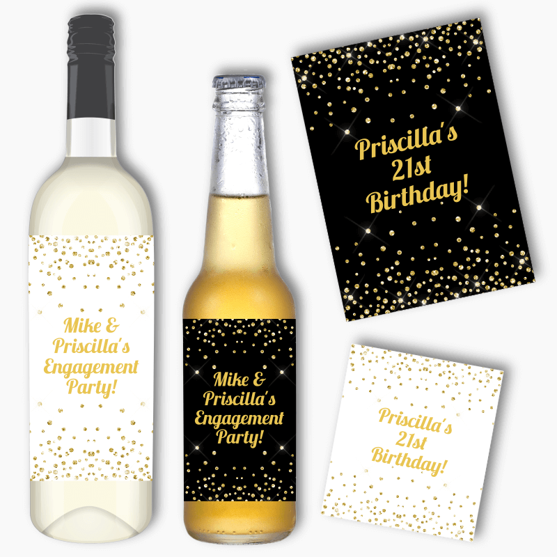 Personalised Gold Confetti Party Wine &amp; Beer Labels