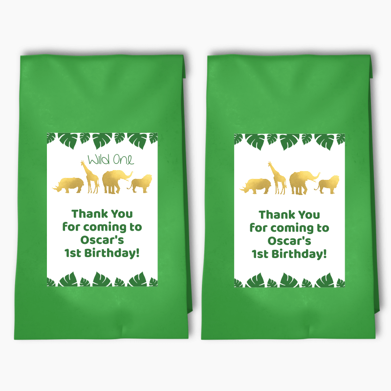 Personalised Gold Safari Jungle Animals Party Bags &amp; Labels