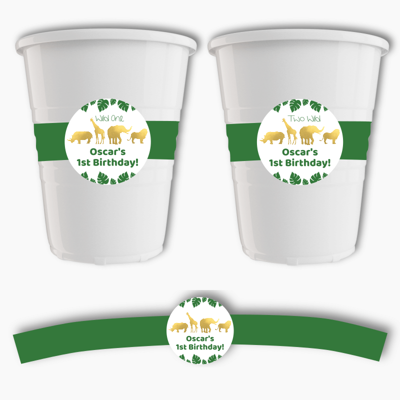 Personalised Gold Safari Jungle Animals Party Cup Stickers