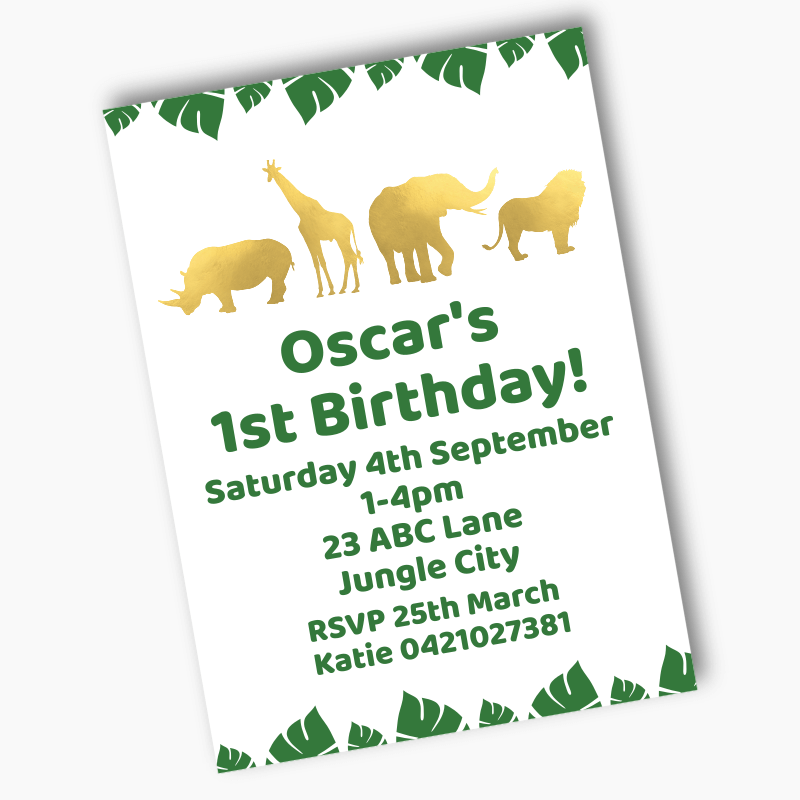 Personalised Gold Safari Jungle Animals Party Invites