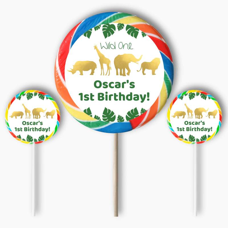 Personalised Gold Safari Jungle Animals Party Round Stickers