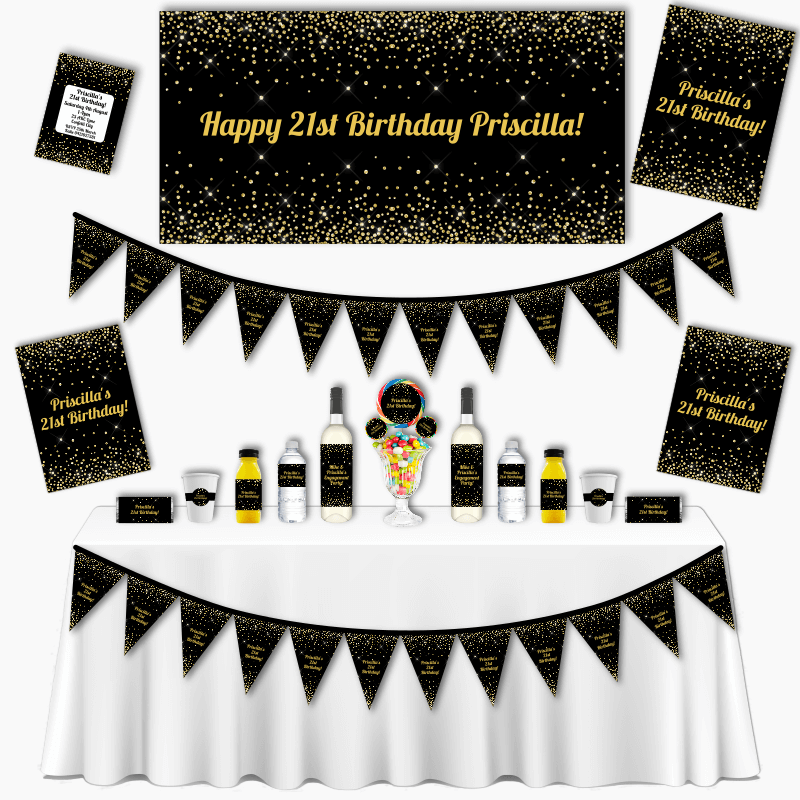 Personalised Black &amp; Gold Confetti Grand Birthday Party Pack